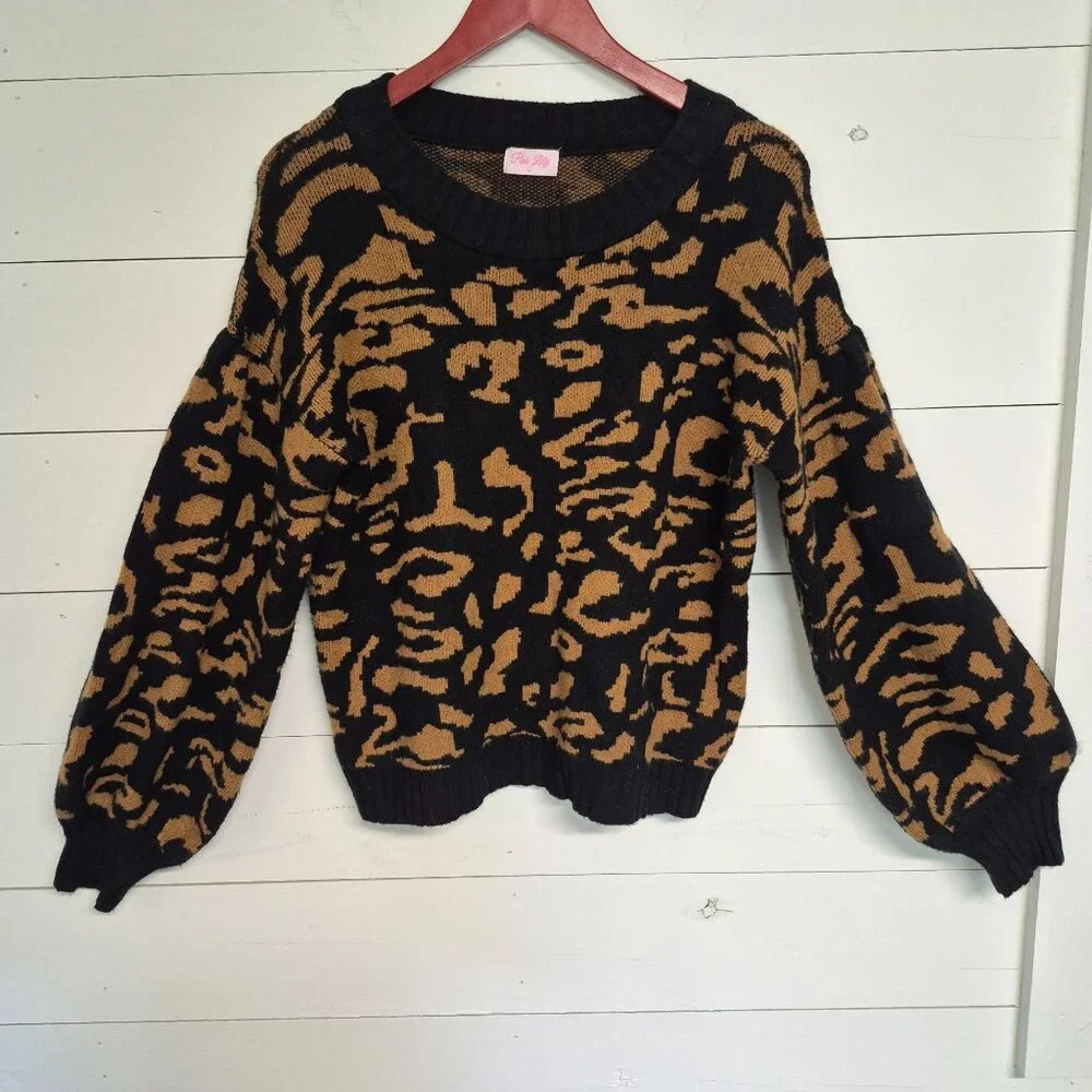 Pink Lily Womens super soft Black & Tan Leopard Print Knit Sweater L - Picture 2 of 7